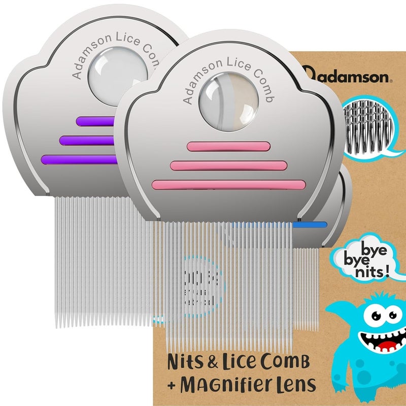 Adamson Lice Comb Duo - Stainless Steel Lice Comb for Kids x 2 - Effective Against Nits - For Thick Hair - Durable and Easy to Clean - Pink & Purple Set - Image 1